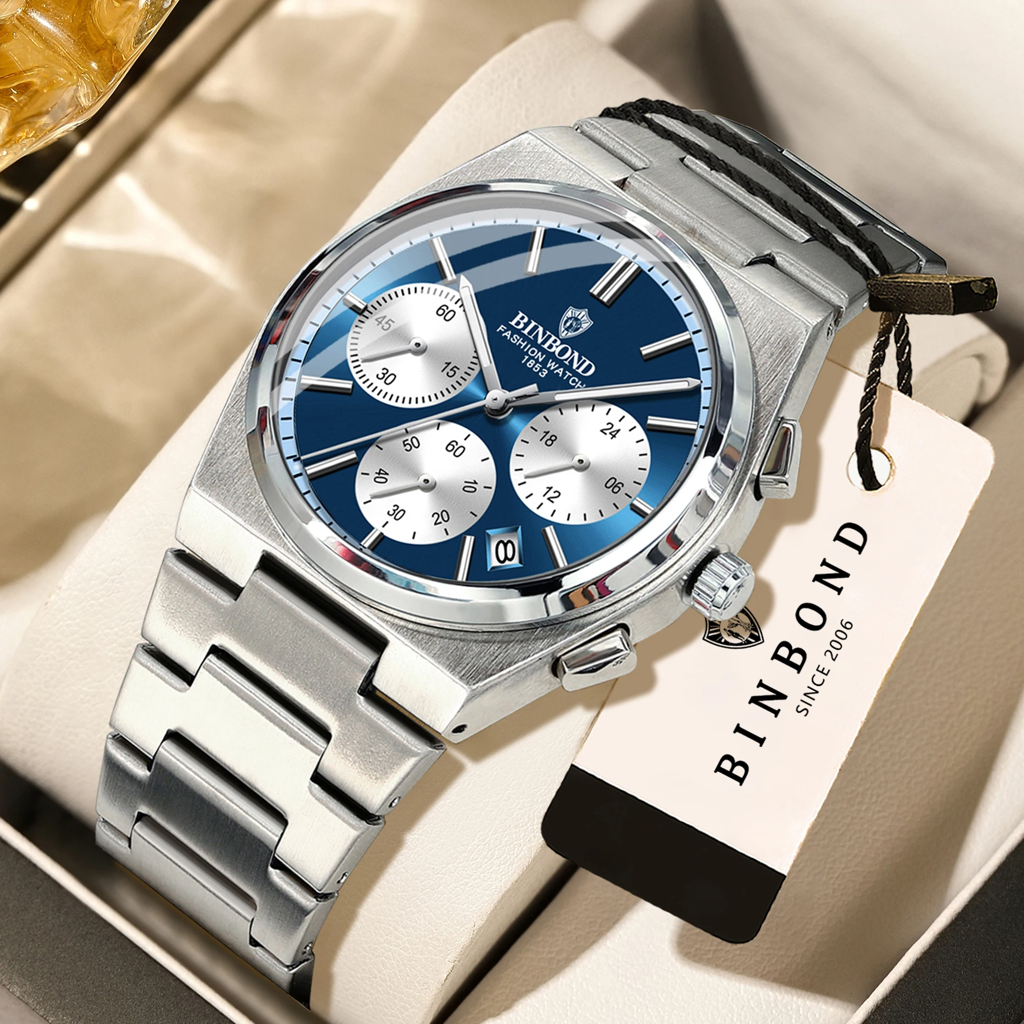 BINBOND Orginal Relojes Quartz Watch For Men Chronograph Luminous Waterproof Luxury Men's Watches Relogio Masculino +Gift Box