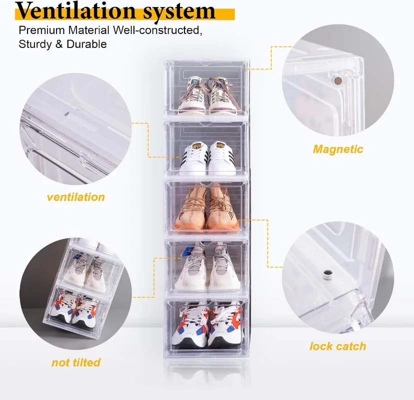 Drop Front Plastic Shoe Box, Clear Door, Empilhável para Display Sneakers, Fácil Montagem, Conjunto de 6