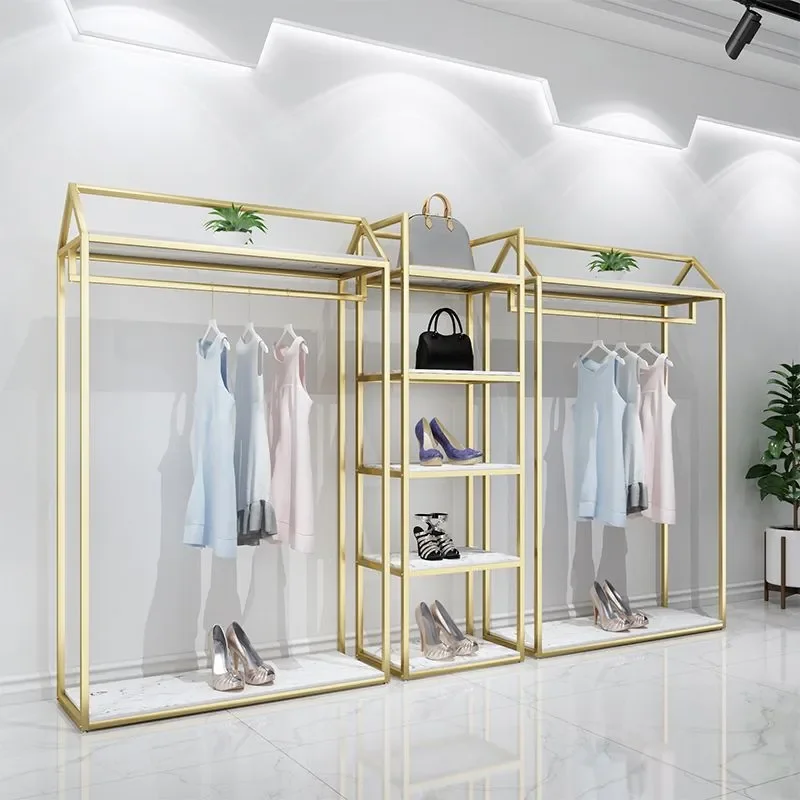 Floor to Ceiling Clothes Display Rack Hanger Clothing Stand Men Women Shelves Light Luxury Store Fixture