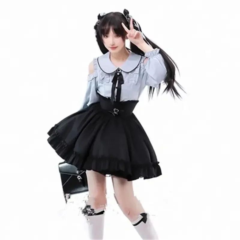 Gothic Blue Off Shoulder Long Sleeved Short Sleeved Top Black Ruffle Mini Skirt Female Y2k Kawaii Jk Suit Lolita Dress Uniform