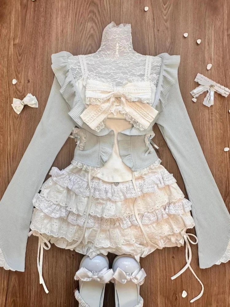 Sweet Girl Slim Fit Ruffles Long Sleeve Knitted Cardigan Tops+Lace Bow Camisole Vest+High Waist Ruched Cake Skirt 3 Piece Sets