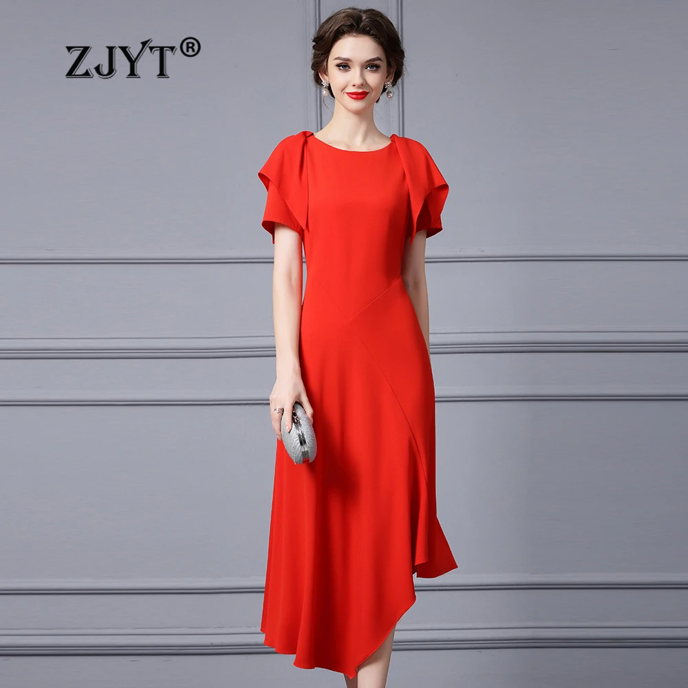 

ZJYT Elegant Asymmetrical Midi Dresses for Women Summer Short Sleeve Red Evening Party Dress 2024 Fashion Female Clothing