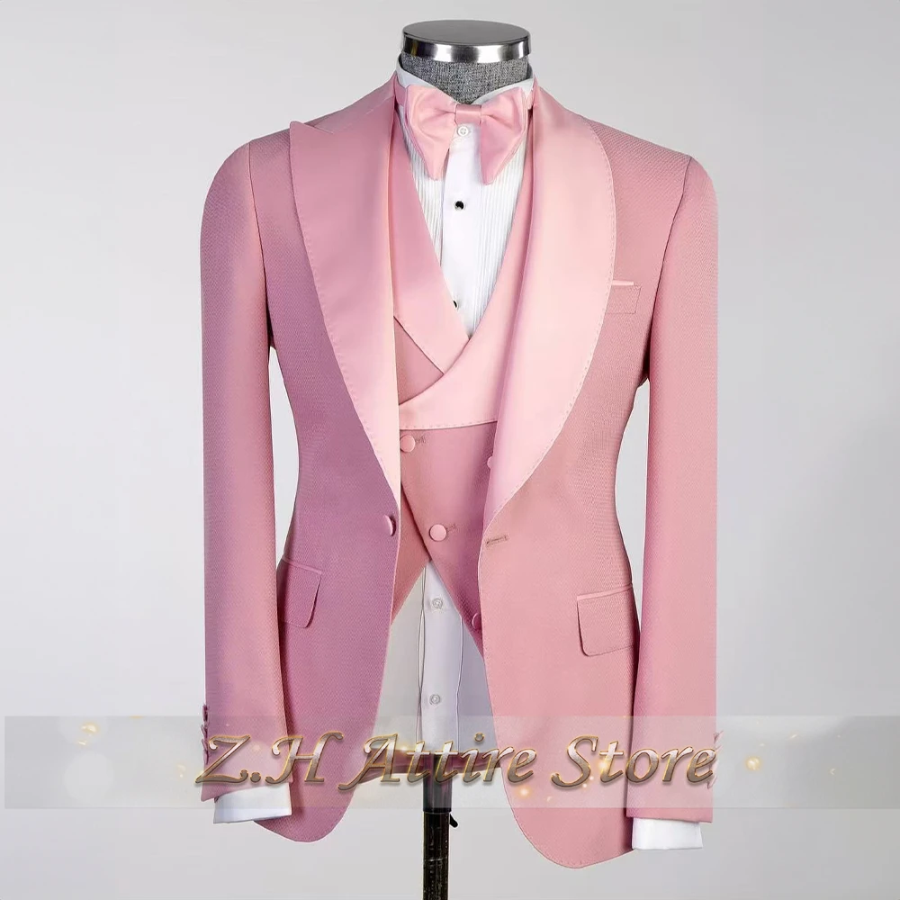 Elegant Pink Men's 3pcs Suit Spliced Satin Lapel Jacket Vest Pants Custom-Made Set for Wedding Groom Cocktail Birthday Party
