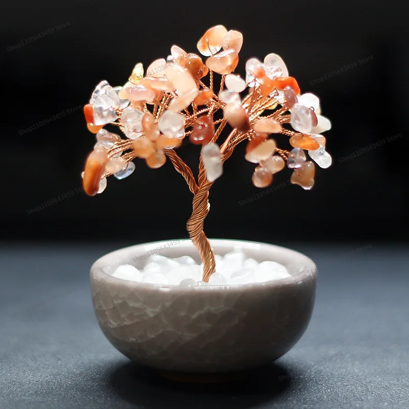 For Yellow Crystal Tree Treasure Pot Natural Crystal Gravel Lucky Tree Handmade Creative Home Decoration 6 Heads 54 Crystals
