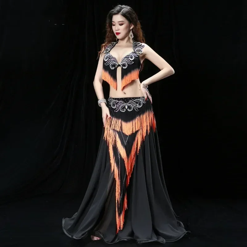 Heavy Tassel Belly Dance Performance Costume Drum Oriental Dance Outfit Bra Skirt Competition Skirt Contrast Color For Women