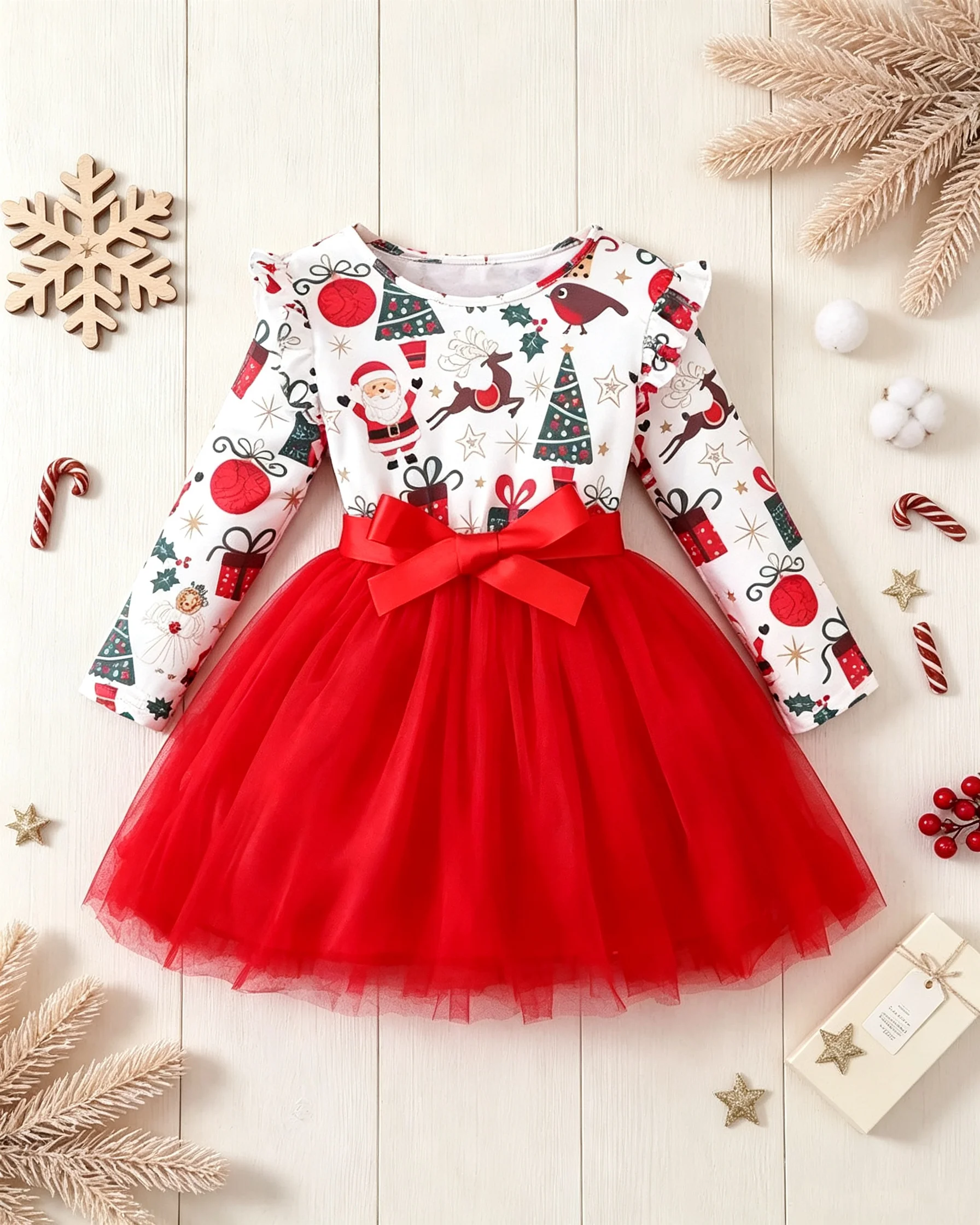 Children's Christmas Printed round Neck Long Sleeved Dress Autumn Winter Mid-Length Skirt Tied Clothing