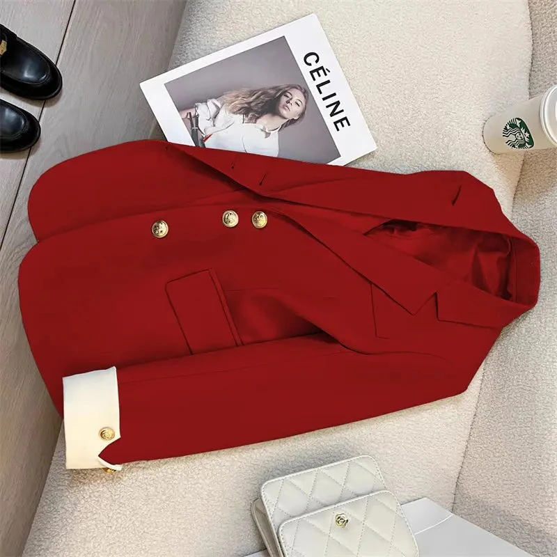 

Роскошный брендовый пиджак ярких цветов с металлическими пуговицами для женщин, весенне-осенняя куртка, офисное женское пальто, топы с длинными рукавами, трендовая верхняя одежда