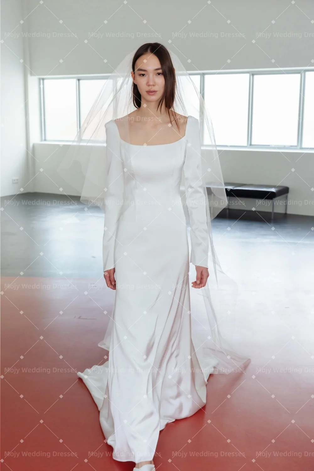 

Mojy Simple Wedding Dress Square Collar Full Sleeves Satin A-Line Korea Photo shoot Bridal Reception Gown Custom Made 2026