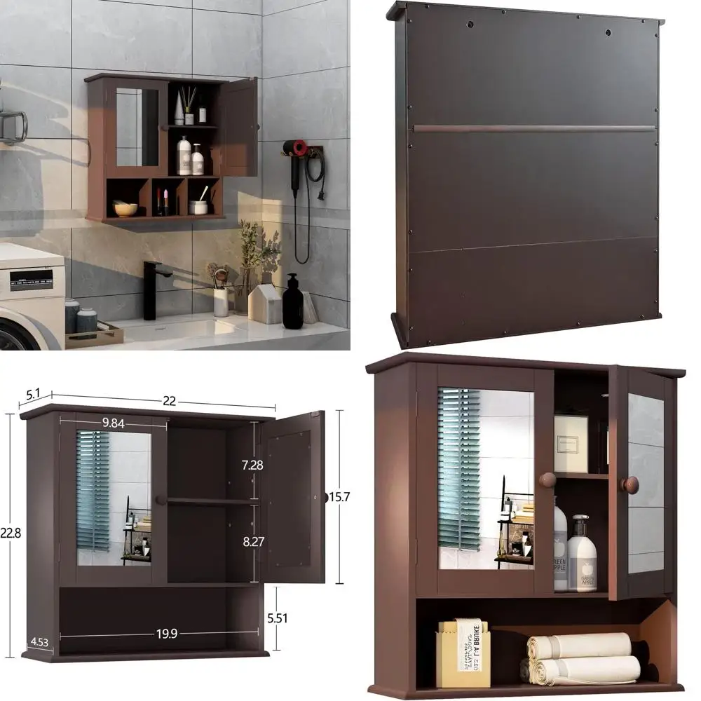 

Настенный деревянный аптечка с зеркалом, 2 дверцами и 3 полками для домашнего хранения