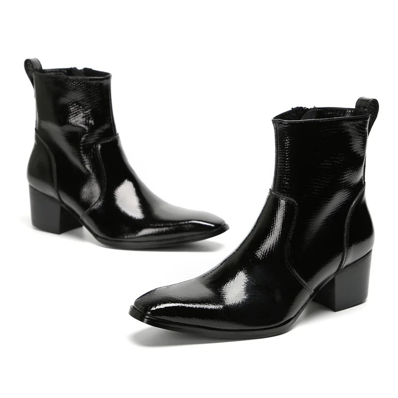 Black Pointed Toe Real Leather Men High Heel Short Boots Big Size Drag Queen Stage Jazz Dance Shoes Male Club Party Ankle Boots