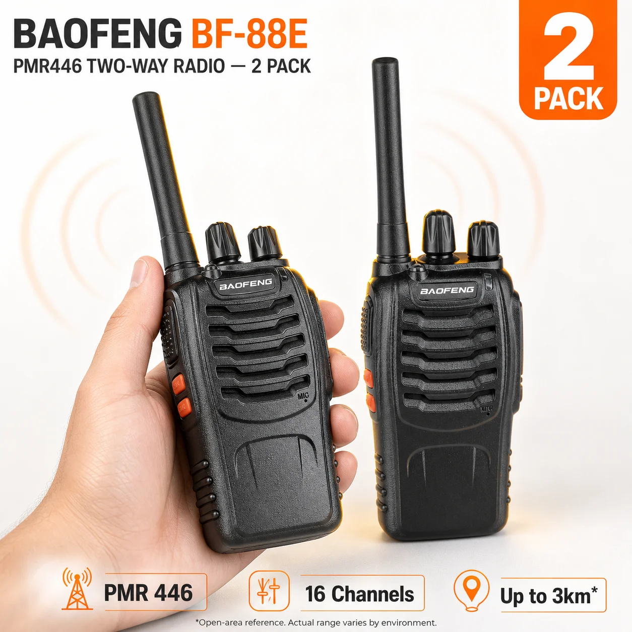2台のbaofeng-bf-88e-pmr446トランシーバー、16チャンネル-05w、vox、ctcss-dcs、スキャン、usb充電、イヤーピース付き