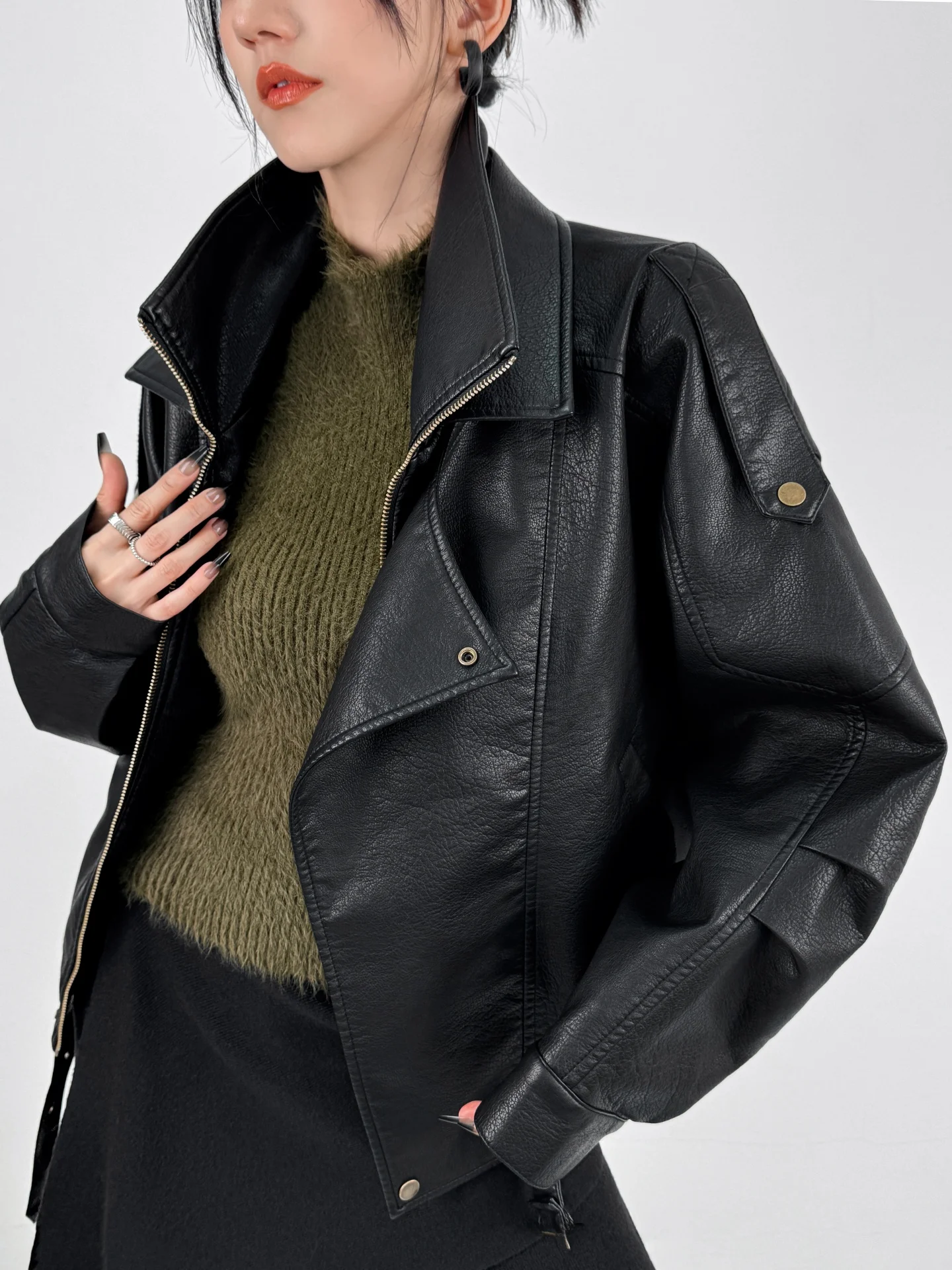 Double Z américain Cool moto col Jaet femmes ample décontracté Bla PU protéine cuir ort manteau Vintage Sle Long Sve