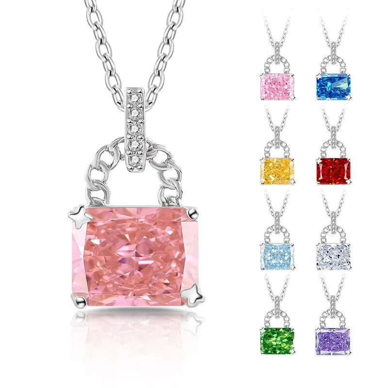 Sparkling Colorful High-carbon Diamond Handbag Lock Shaped Pendant Necklaces for Women Choker White Gold Silver 925 Jewelry Gift