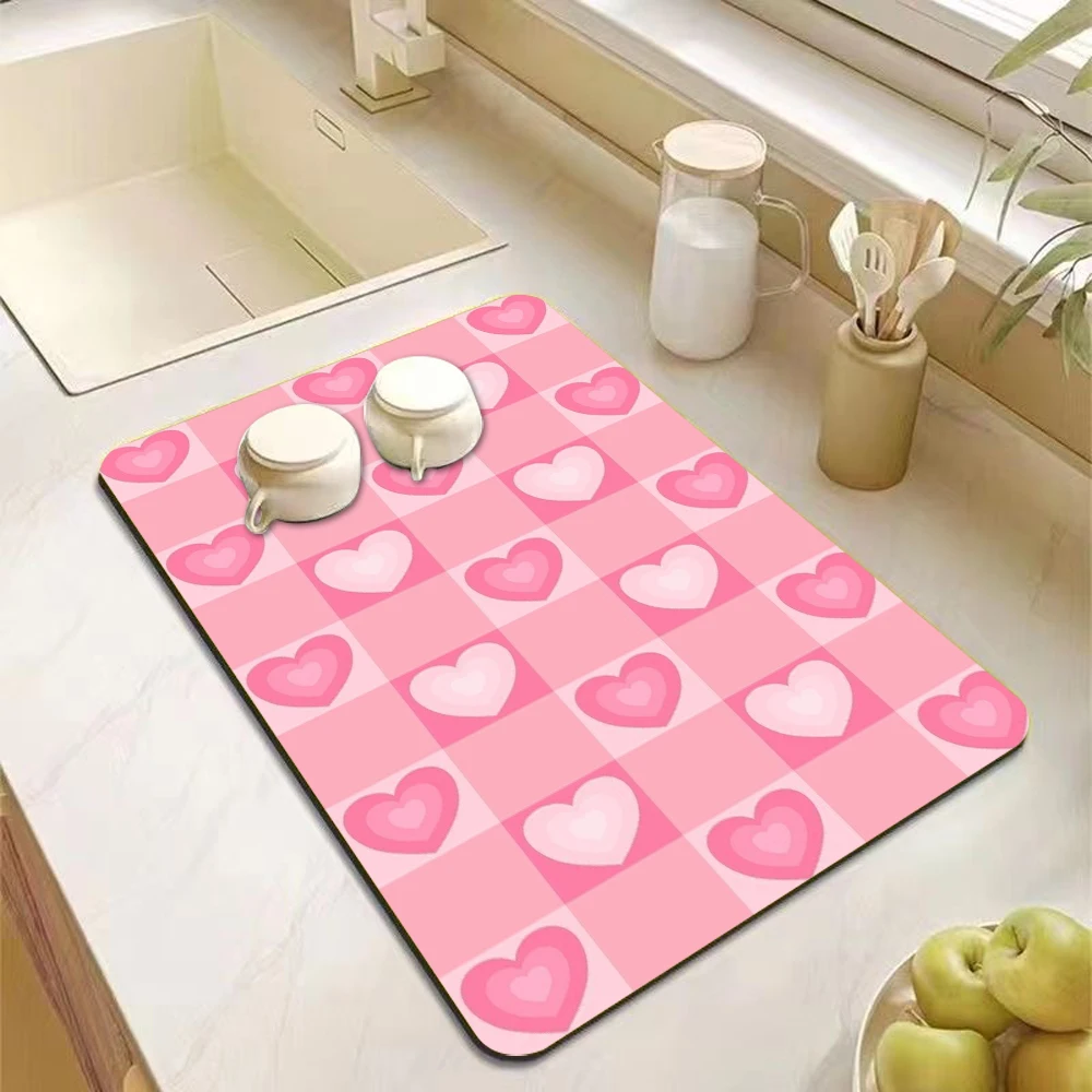 Dark Light Pink Checker Four Point Star Kitchen Drying Mat Absorbent Non Slip Counter Drain Pad  Kawaii Kitchen