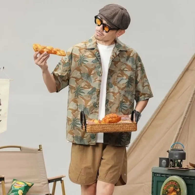 

Outdoor Casual Two Piece Set Men Shirt Cuban Collar Mountain Style Shorts Quick Dry Ice Silk