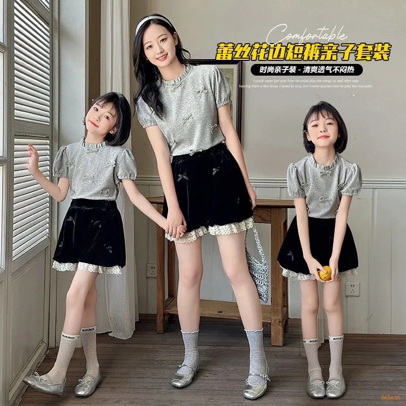 Family look mother daughter matching suit grey black family matching outfits Dress for girls bow lace mom daughter set 2026
