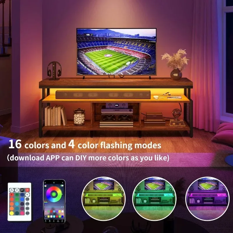 Suportes de televisão LED com tomadas de energia para 70/65 polegadas, suporte de TV industrial moderno, centro de entretenimento com armazenamento aberto