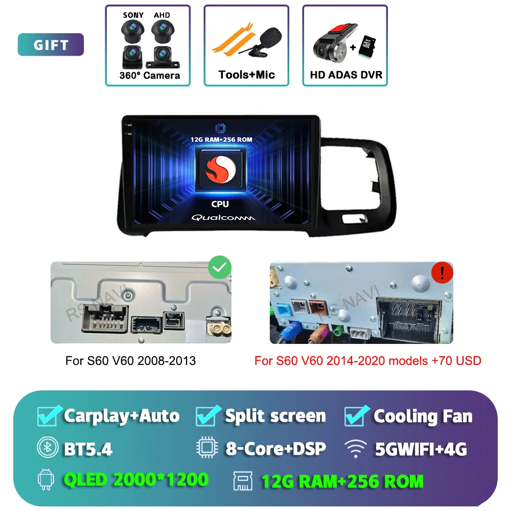Android 15 Carplay Auto Scherm Autoradio Multimedia Speler voor Volvo S60 V60 2011-2013 2014-2020 2din Autoradio Stereo Head Unit