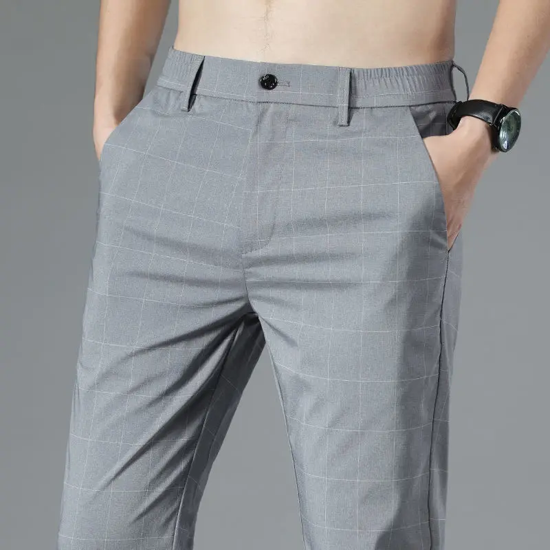 Male Suit Trousers Check Cooling Ice Silk Plaid Straight Up Clothes Offer Slacks Designer Men\'s Summer Pants Fabric 2024 Classic