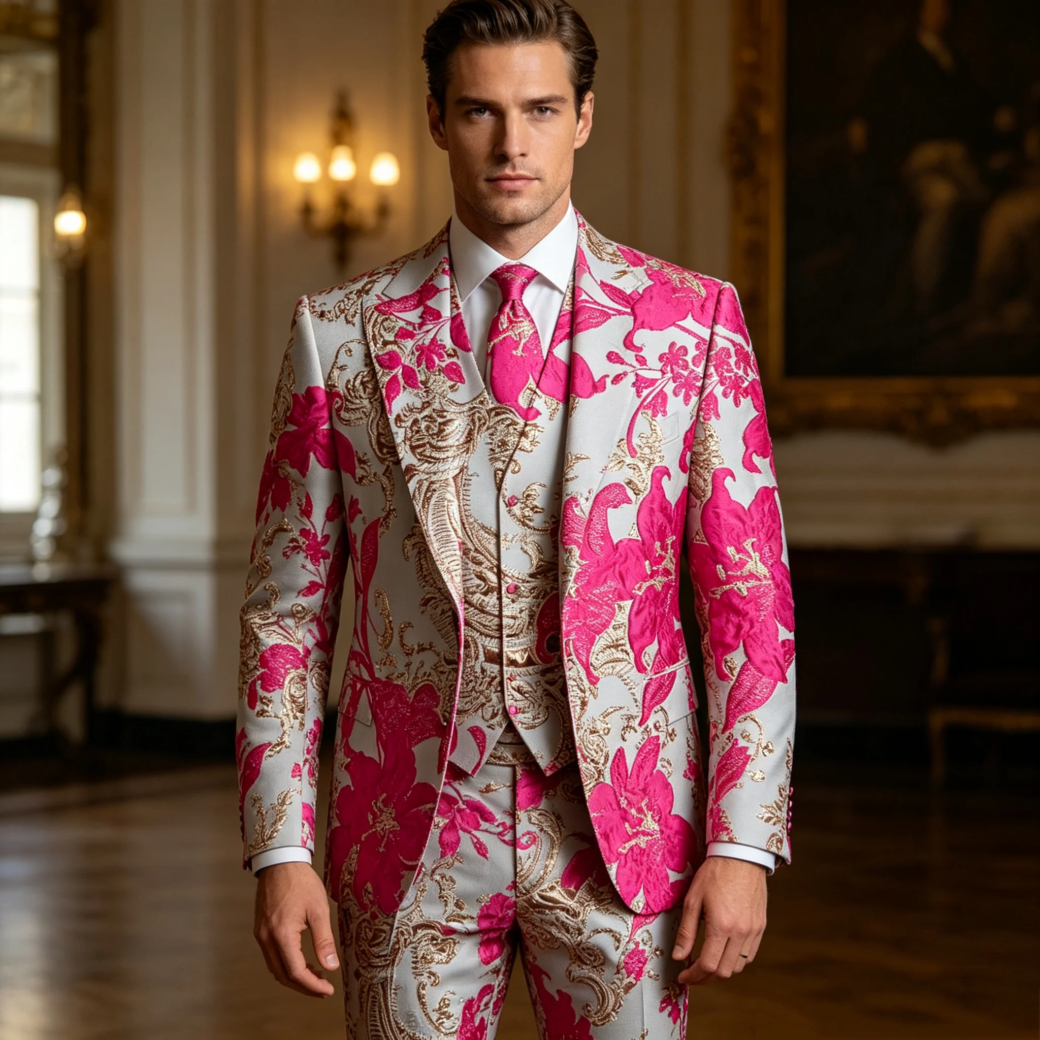 

Pink Printed Men Suit Set 2 Pcs Blazer+Pants Spring Prom Wedding Tuxedos Coat Customized Formal Office Groom Jacket