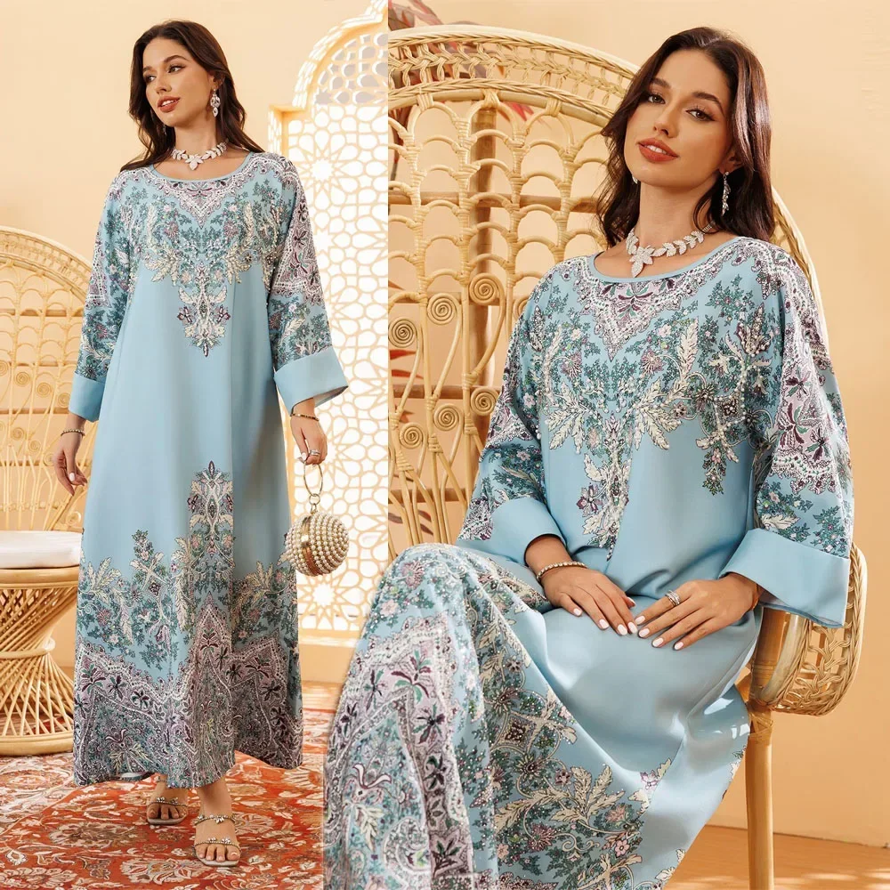 Muslim Retro Floral Printed Abaya Pearls Diamonds Dress Fashion Women Jalabiya Islamic Loose Robe Kaftan Eid Round Neck Gown