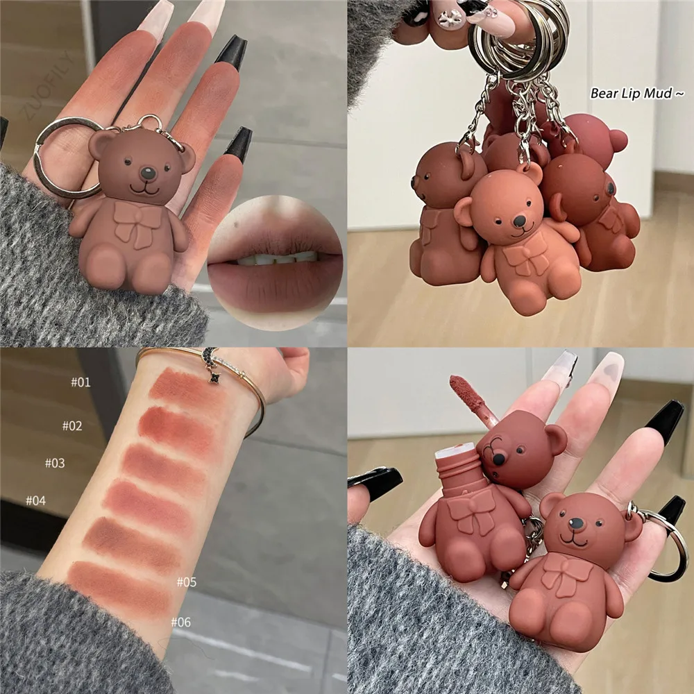 Matte Velvet Lip Glaze Keychain Pendant Cute Bear Liquid Lipstick Ash Pink Nude Lip Gloss Women Waterproof Lip Tint Mud Cosmetic