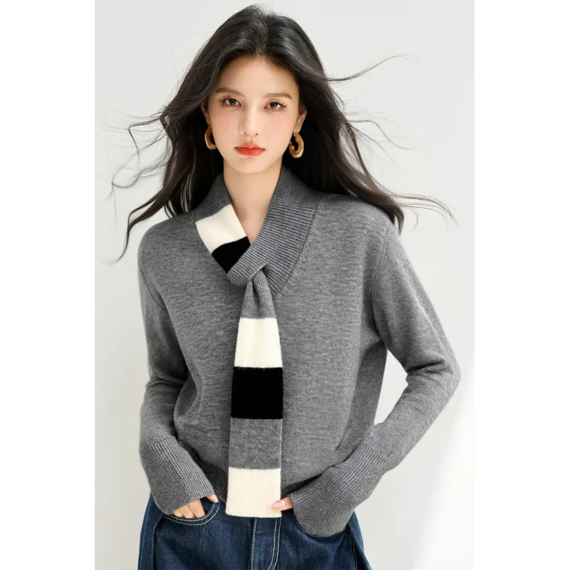 

2026 Loose And Slimming Long-Sleeved Sweater Top With A Contrasting Color Scarf Collar For The Winter Of