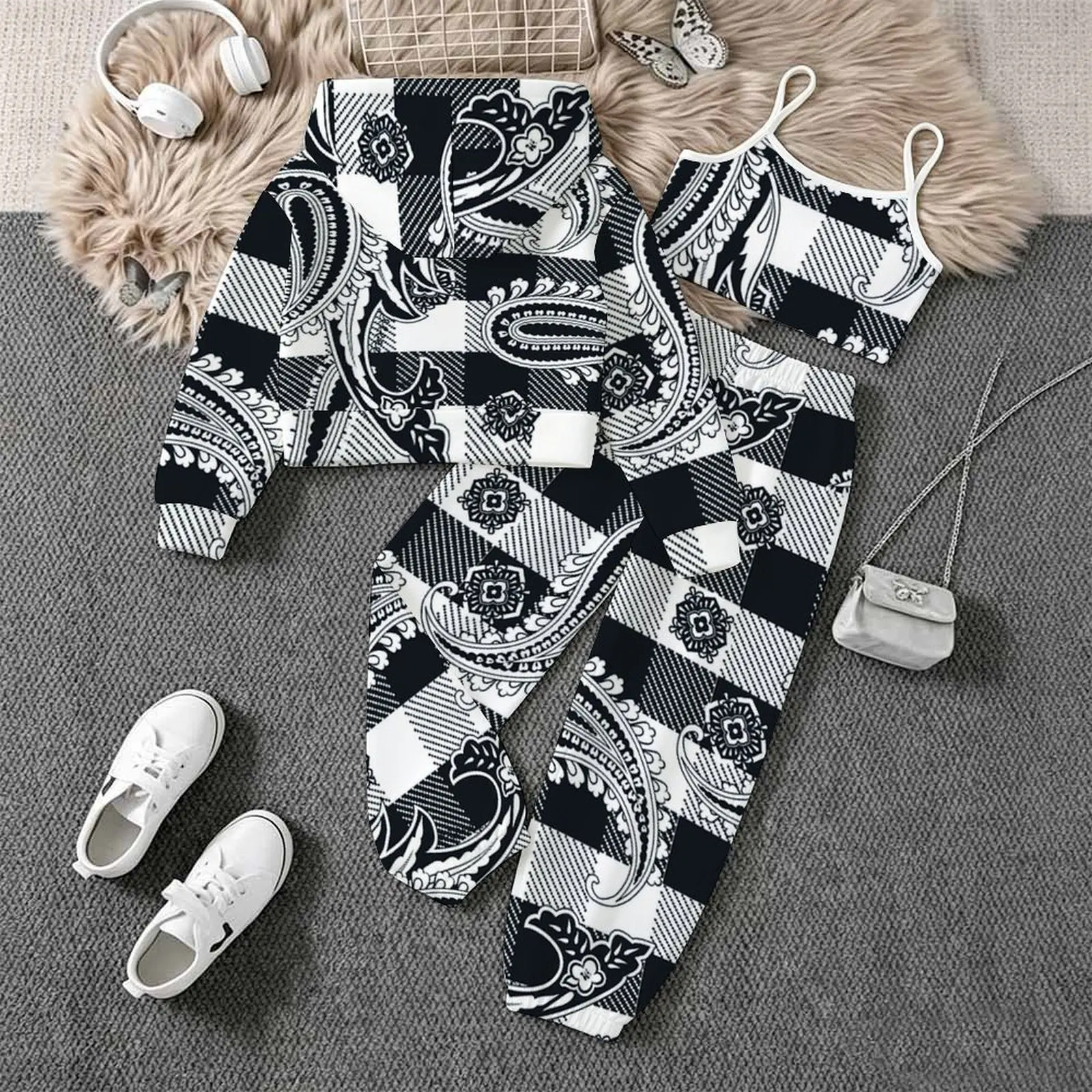 Autumn Winter Girls' Printed Three Piece Fashion Coat All Hallows' Day Vest Daily Pants Children's Jogging Pants Casual Pants