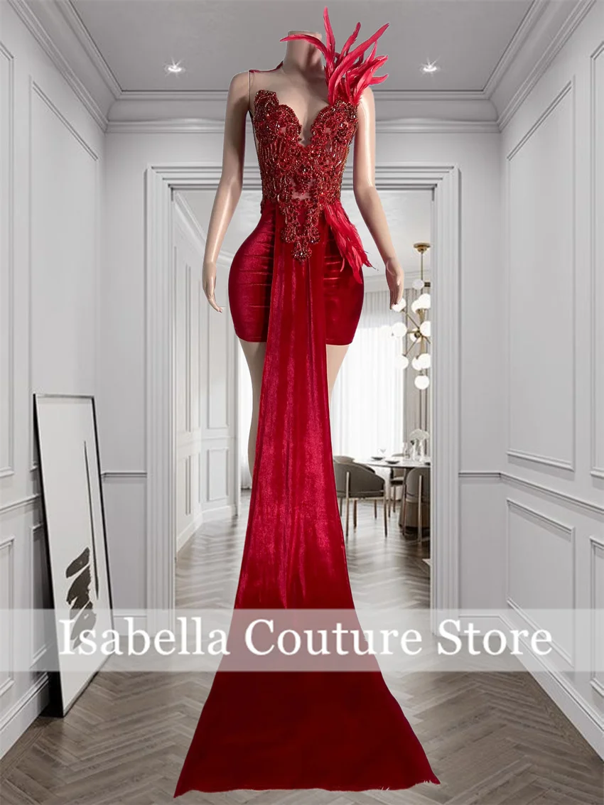 Glitter Red Velour Short Prom Dresses Whit Train Feathers Beading Crystal Rhinestones 2024 Birthday Luxury Robe Vestidos