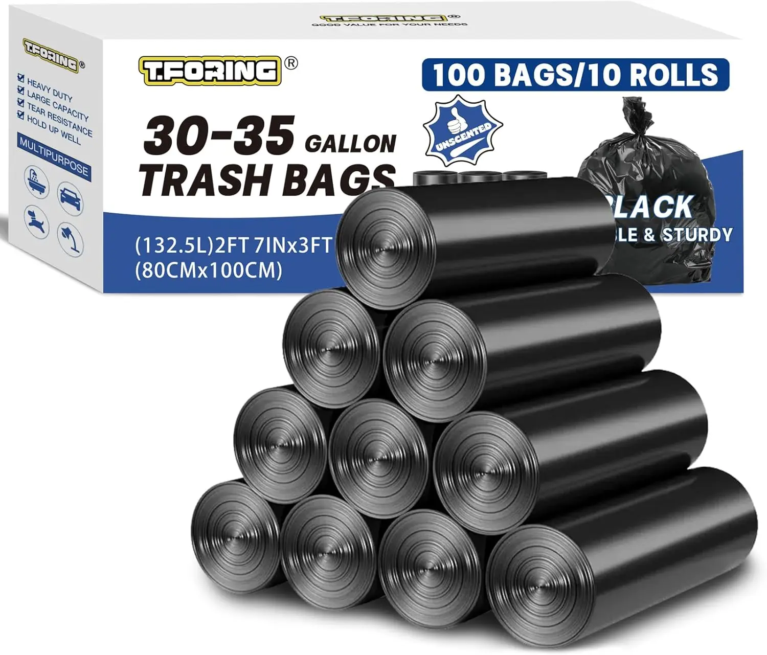 

30-35 Gallon Trash Bags Heavy Duty 1.5 Mil - 31x39 Inches 100 Count Large Black Garbage Bags for Home Kitchen Commercial