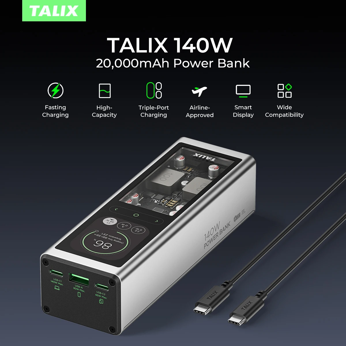 TALIX 140 واط قوة البنك 20000 مللي أمبير بطارية كمبيوتر محمول شاحن محمول مع 3 منافذ شاشة ديجيتال قدرة عالية للهاتف آي باد #1