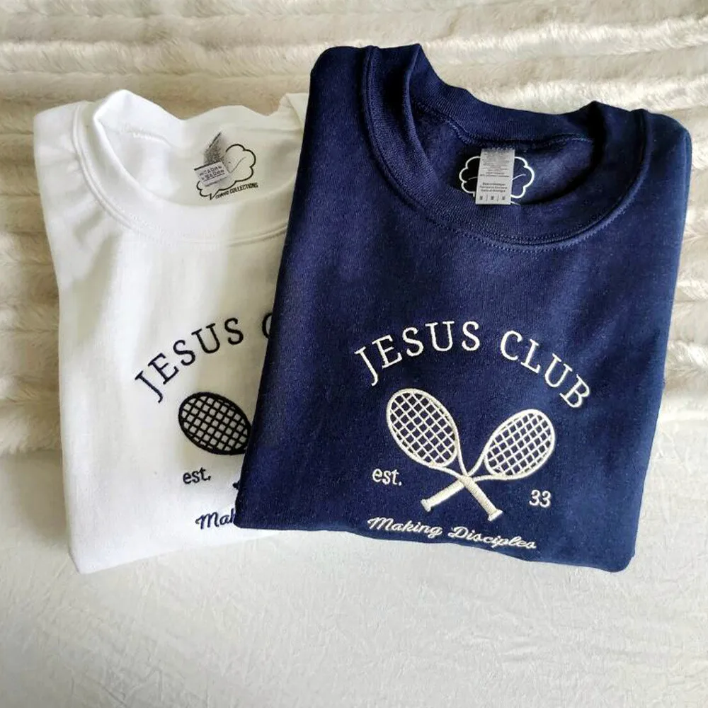 Jesus Club Tennis Embroidered Crewneck Sweatshirts Women Autumn Long Sleeve Thick Pullover Vintage Style Casual Loose Jumpers