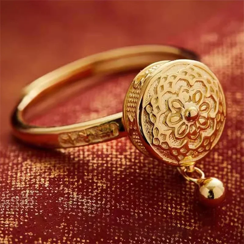 

Кольцо с мантрой «Шесть слогов» для женщин, винтажное, с колокольчиком и кисточкой, молитвенное колесо, женские украшения на палец