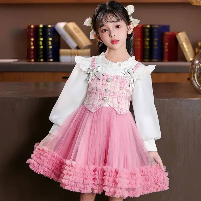 Autumn Winter Princess Dress for Girls Long Sleeve Lace Mesh Bridesmaid Dresses Fashion Children Girls Party Dress 2-12 Years