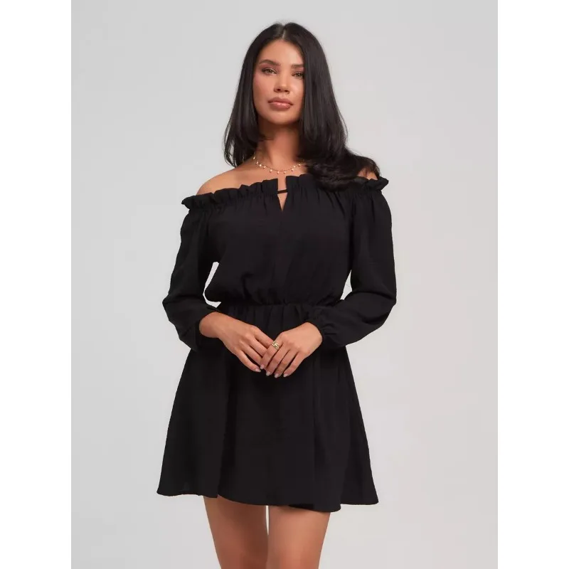 Damen Off-Shoulder Minikleid mit Geraffter Taille Langarm Casual Kleid