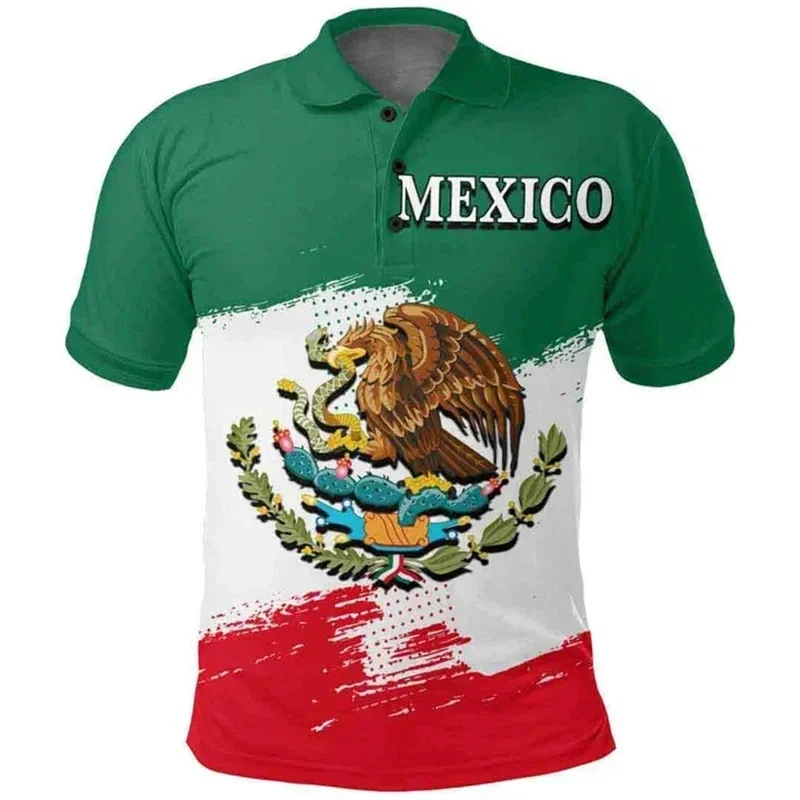 Mexico National Flag Pattern Polo Shirt Men Emblem Graphic 3D Print Tees Summer Street Lapel Top Oversized T-Shirts Short Sleeve