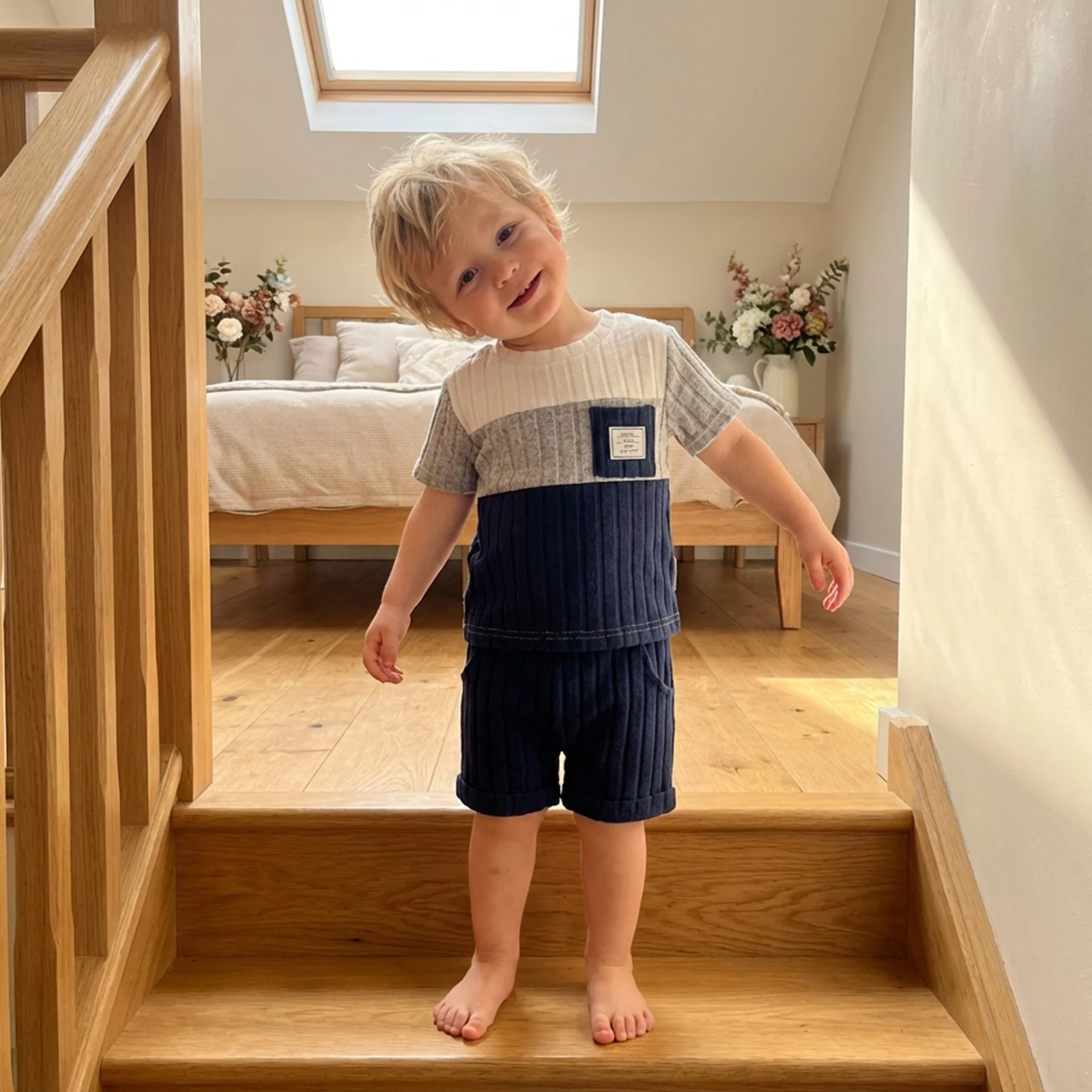 Toddler Boys Summer Outfits Contrast Color Short Sleeve Round Neck T-shirt Tops and Shorts Set