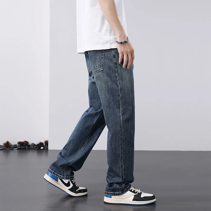 European and American retro loose straight leg high street elastic denim pants wide leg baggy jeans men clothing streetwear men