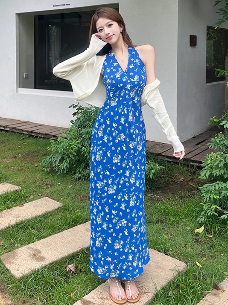 Robe française élégante pour femmes, bleu, motif Floral, col en v, sans manches, col licou, robe d'été, plage, vacances tropicales, mi-longue, 2025