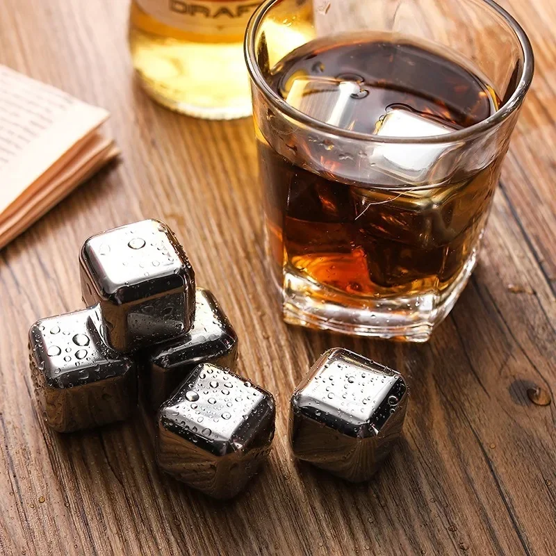 Stainless Steel Whiskey Stone Ice Cubes 4/6/8Pcs Reusable Ice Cube Set Vodka Beer Ice Stone Whiskey Cooler Bar Accessories