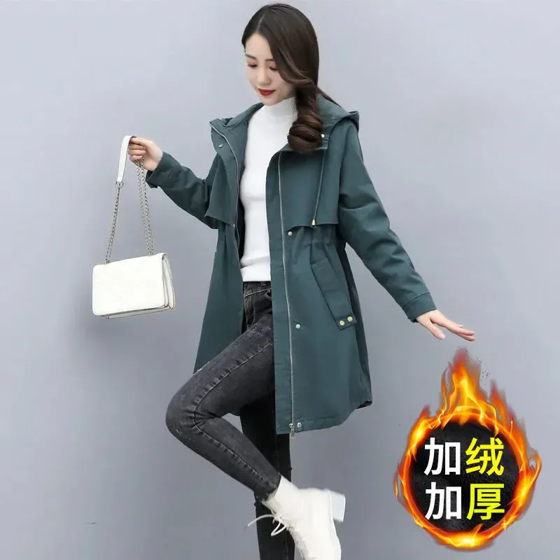 ขนาดกลางยาวHoodedเอวCinchching Parkerผู้หญิง 2025 ฤดูใบไม้ร่วงฤดูหนาวใหม่Thickenเสื้อแจ็คเก็ตผ้าฝ้ายอุ่นหญิงกํามะหยี่เสื้อลําลอง