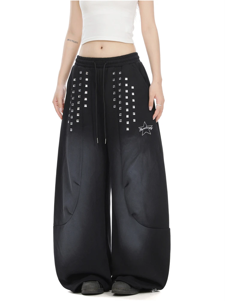 Women's Solid Color Hip-Hop Sweatpants Unisex Bottoms Summer Cool Girl Wide Leg Trousers Female High Waisted Vintage Blue Pants