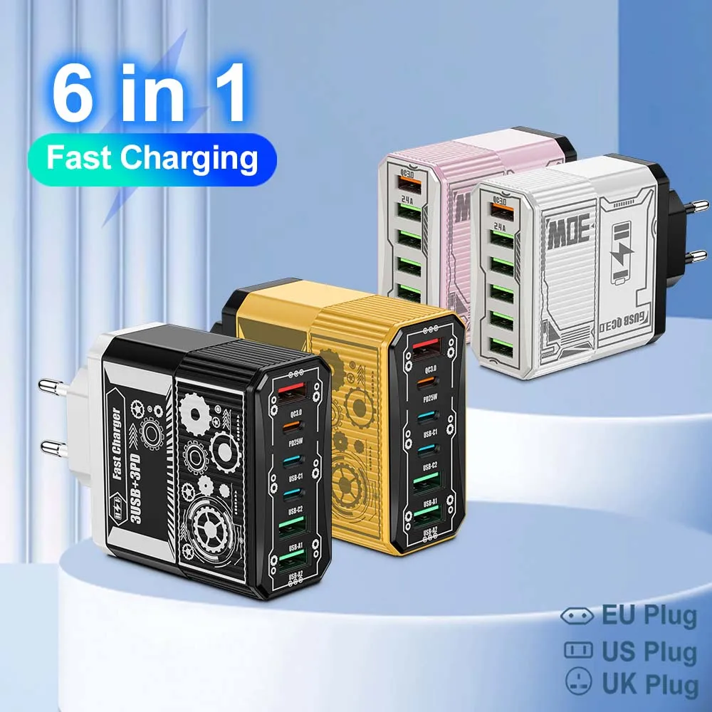

6 Ports Fast Charging QC3.0 Type C Mobile Phone Wall Adapter for iPhone Xiaomi Samsung