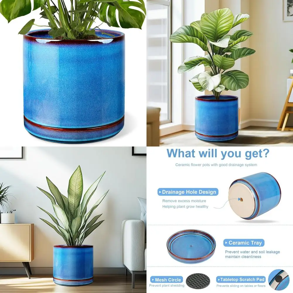 

10-дюймовый керамический горшок EFISPSS для уличных растений, большой современный цветочный горшок с дренажем и блюдцем