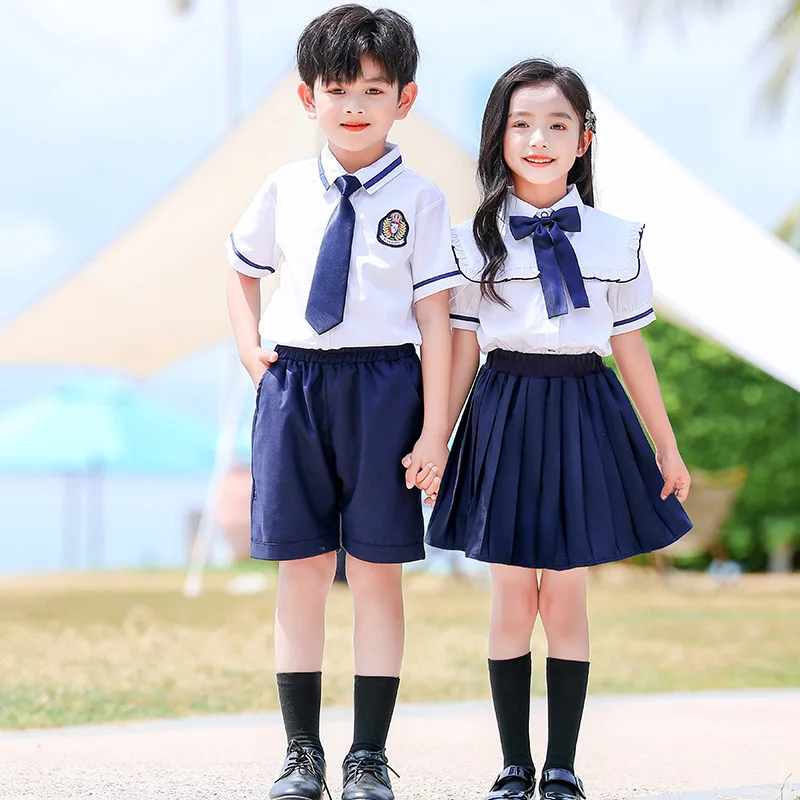 

Комплекты детской одежды для девочек, корейская японская полосатая блузка в консервативном стиле, юбки, рубашки для мальчиков, шорты, детская летняя школьная форма для студентов