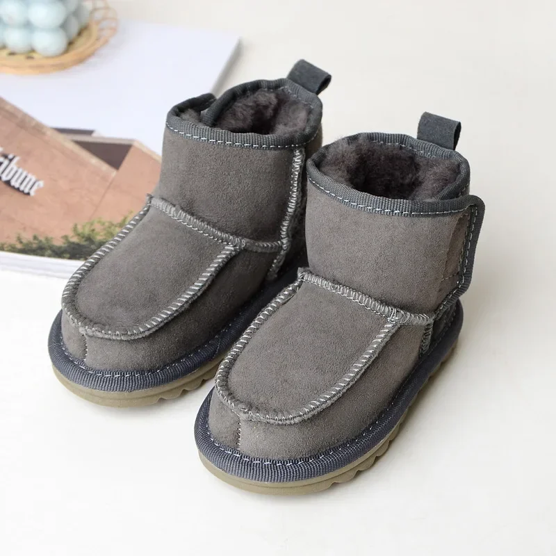 Natural Sheepskin Wool Children's Snow Boots Geniune Leather Thick Warm Winter Kids Snow Boots Boys Soft Sole Non-slip Shoes