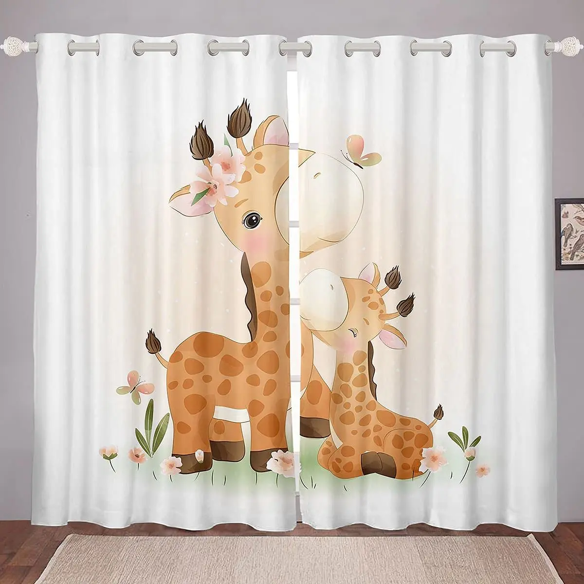 Cute Giraffe Curtains Blackout Curtains Girls Kids Cartoon Animal Window Drapes Living Room Floral Window Treatments Wildlife