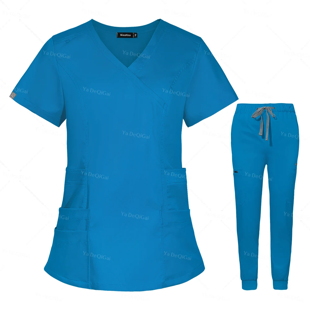 Nurse Uniforms Women Workwear Solid Color Medical Nursing Blouse Short Sleeve V-neck Work Shirts Beauty Spa Working Tops