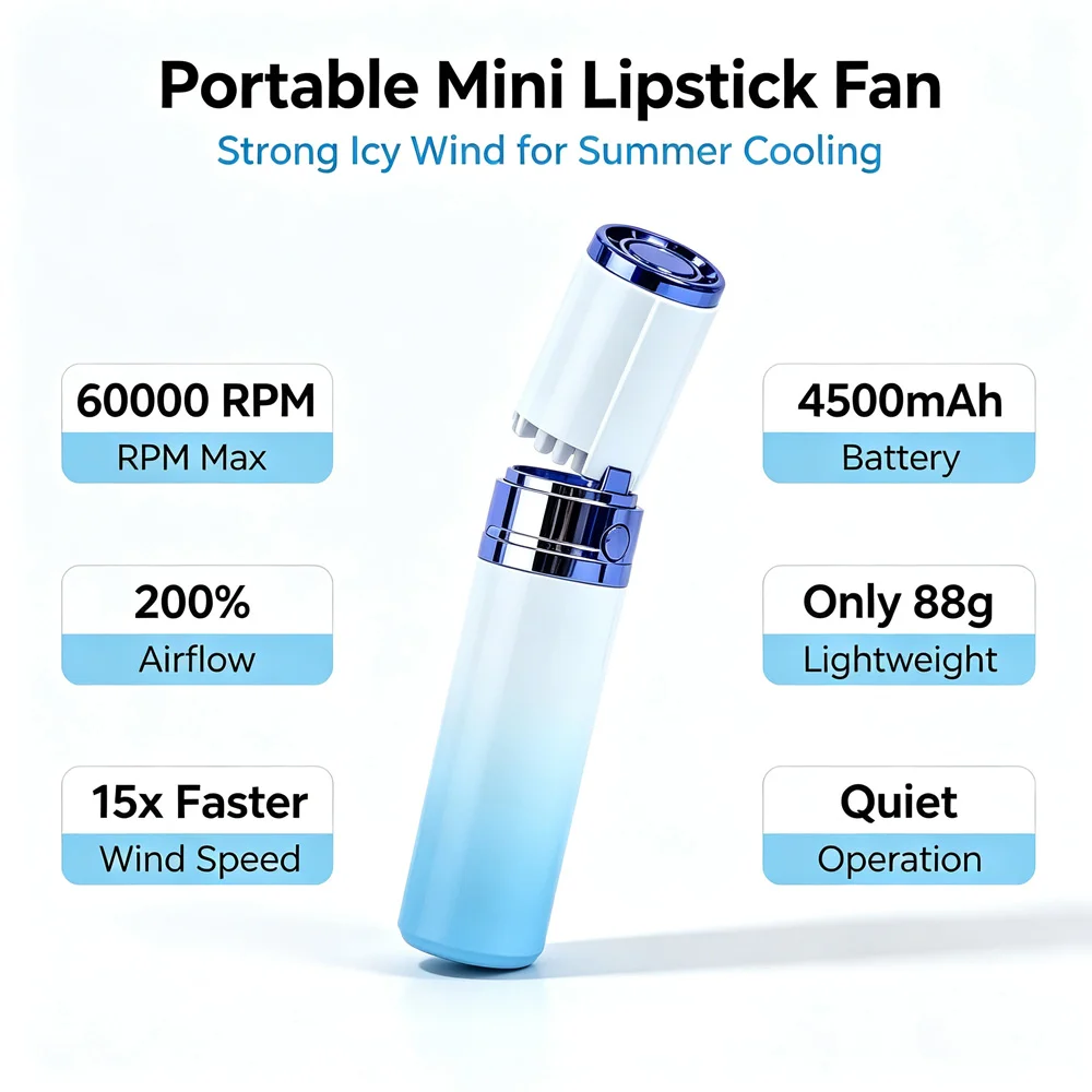 Handheld mini lipstick fan, portable charging 4500mAh, high-speed strong wind pocket fan, suitable for outdoor travel