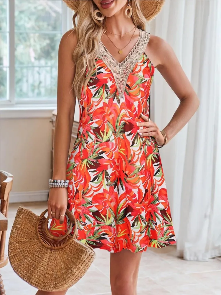 

Summer Women's Print Lace V-neck Vest Dresses 2025 Fashion Casual Sleeveless Beach Party Mini Dress